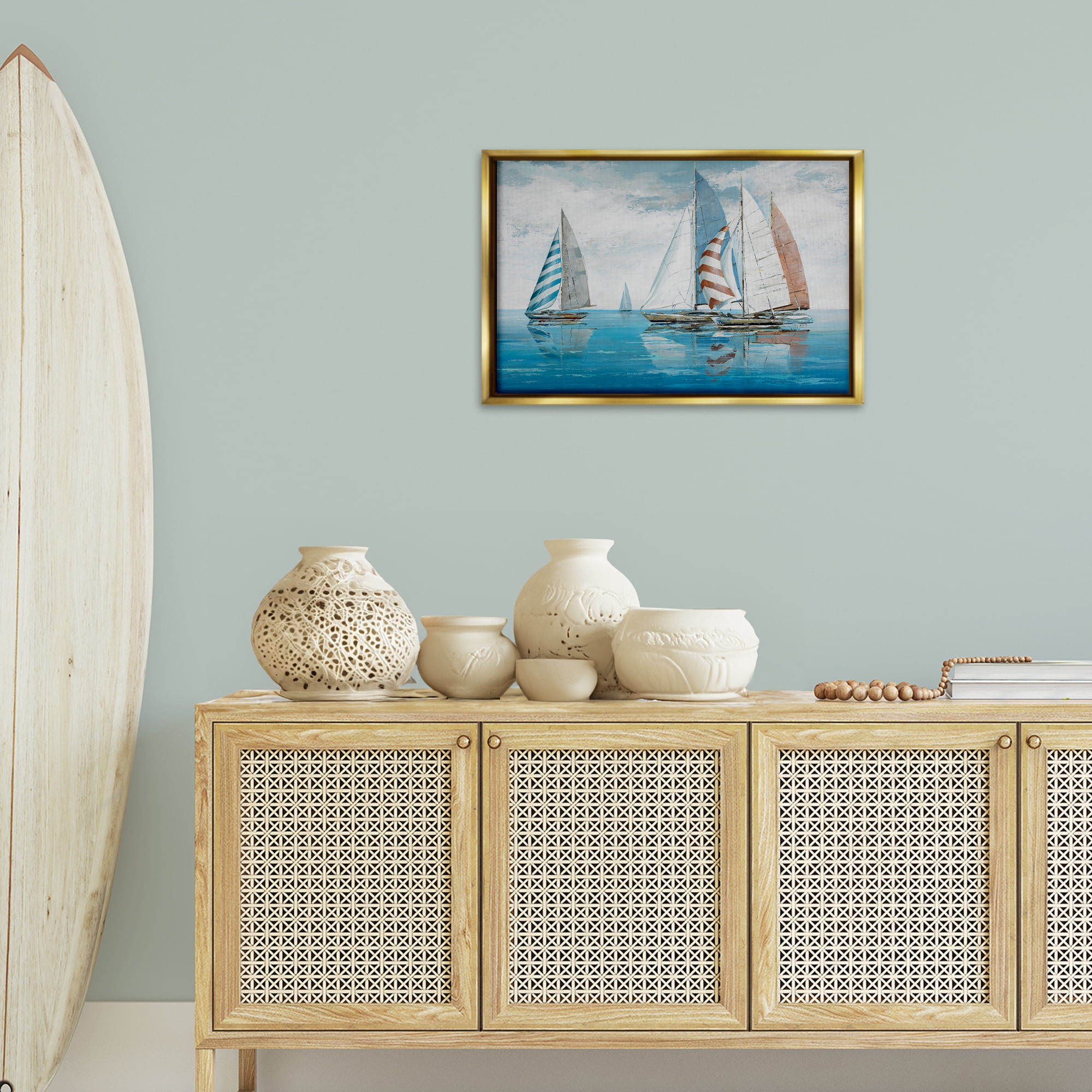 Stupell Industries Maritime Ocean Yachts Nautical & Beach Painting Gold Floater Framed Canvas Art Print Wall Art, 25 x 17