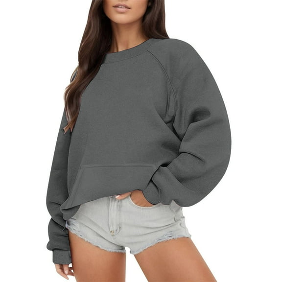 Qetyuw Raglan Sleeve Sweatshirt for Women Oversized Crewneck Pullover with Pocket Fleece Soft Warm Tops Casual Long Sleeve Loose Blouse