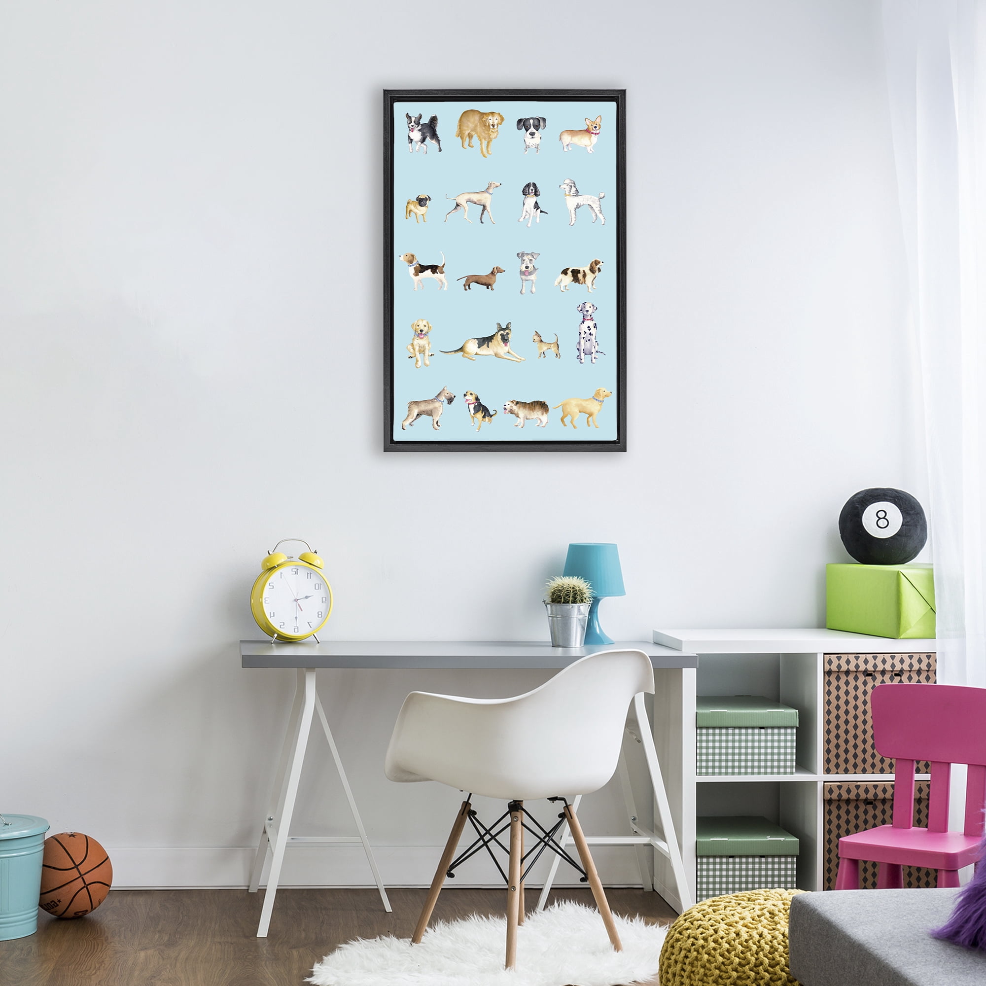 Stupell Industries Dog Breeds on Blue Black Framed Floater Canvas Wall Art, design by Andi Metz