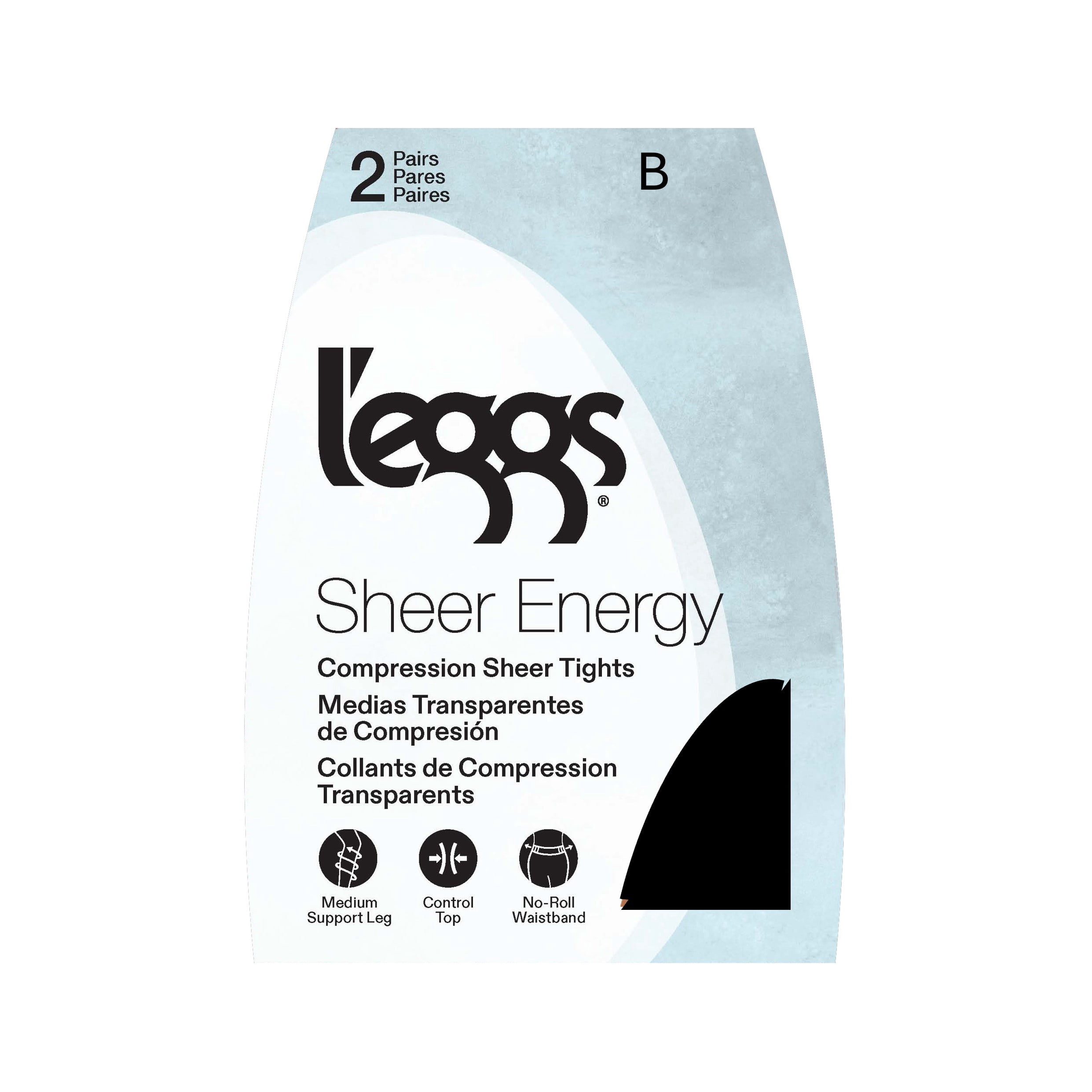 L'eggs Women's Sheer Energy Medium Leg Support Sheer Tights Control Top No-Roll Waistband Sheer Toe, 2 Pair