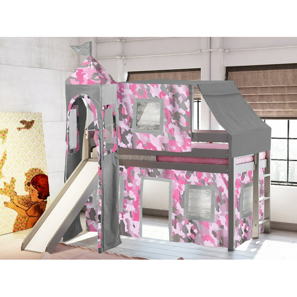 Low Loft Bed With Slide Pink Camo Tent, Camouflage Bunk Bed With Tent And Slide