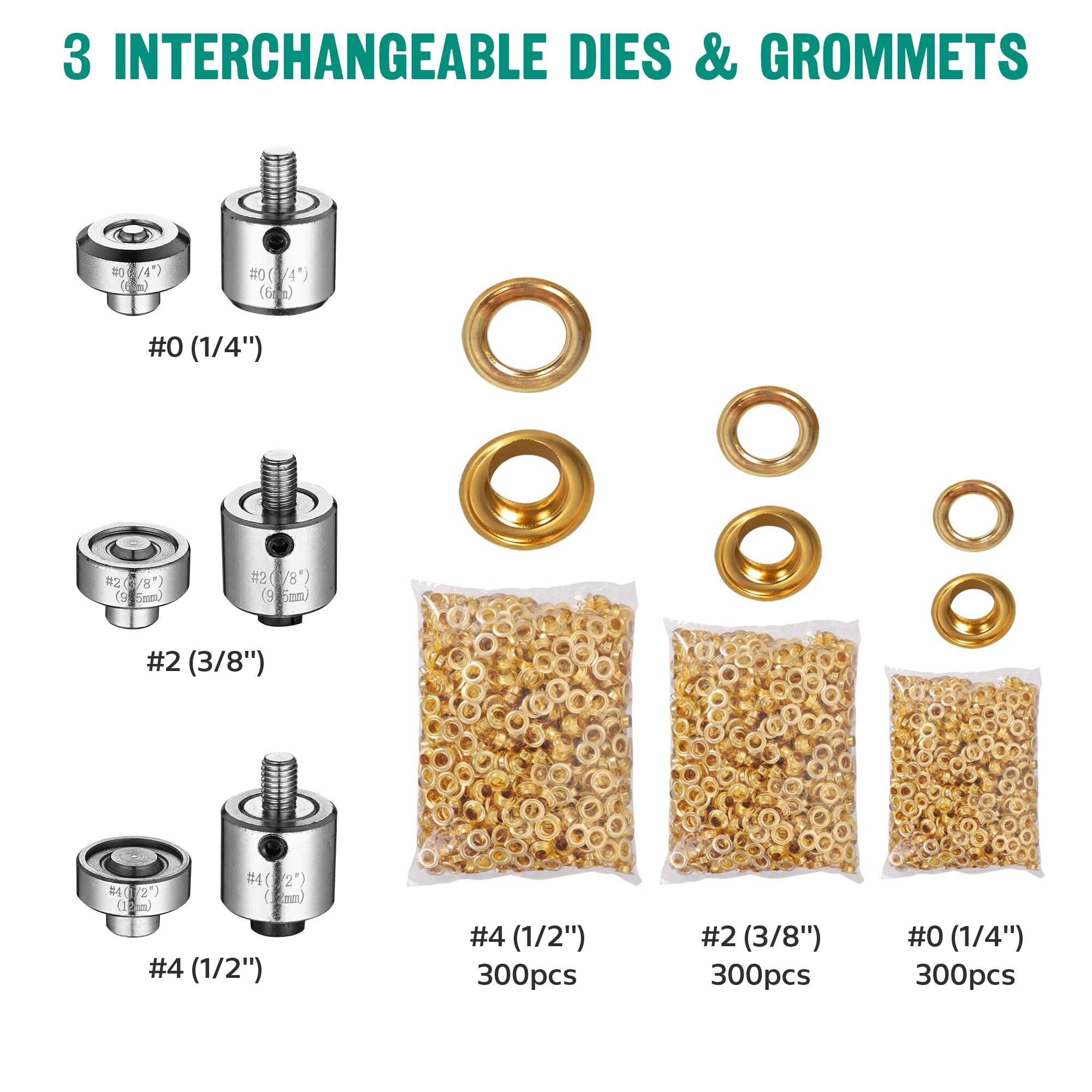 Yescom Grommet Tool Kit 900pcs Eyelets Washers #0/#2/#4 Die Hole Puncher Hand Press Machine for Fabric Crafting