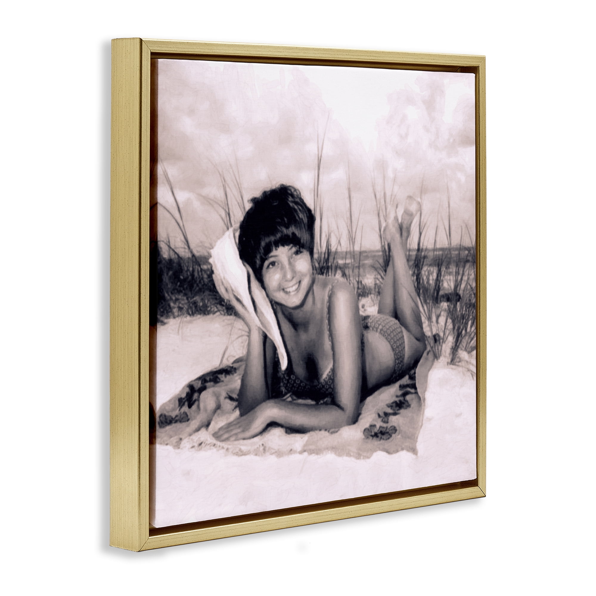Stupell Industries Vintage Summer Girl with Conch Gold Framed Floater Canvas Wall Art, design by Grotto Studios