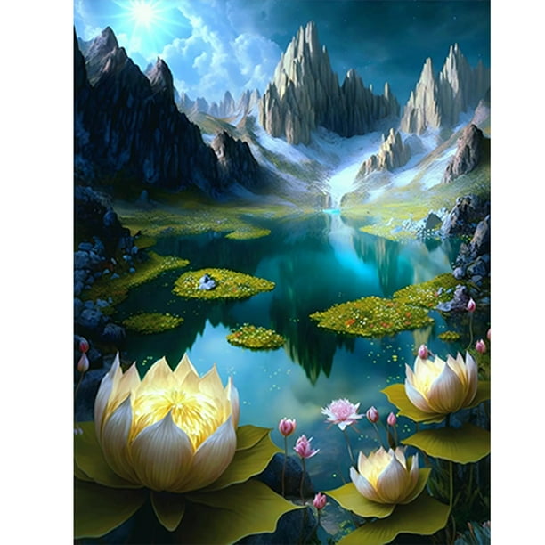 Pintura de diamante 5D DIY Taladro redondo completo Lotus Pond Kit Decoración del hogar (A6785) FLhrweasw Nuevo
