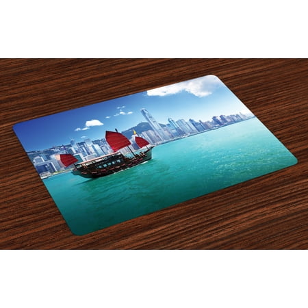 Ocean Placemats Set of 4 Hong Kong Harbour Small Traditional Junk Boat With Flags Buildings Skyline and Sea, Washable Fabric Place Mats for Dining Room Kitchen Table Decor,Aqua Blue Red, by (Best Place To Find Junk Silver)