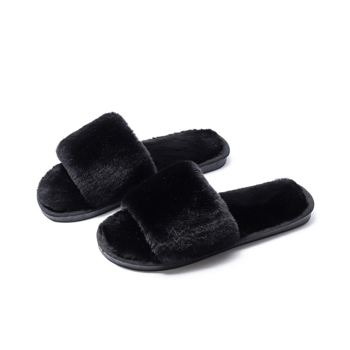 Women's Faux Fur Slippers Fuzzy Flat Spa Fluffy Open Toe House Shoes Indoor Outdoor Slip on Memory Foam Slide Sandals 