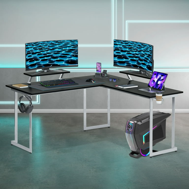 Techni Sport L-Shaped Gaming Desk with Dual Monitor Stands, Carbon