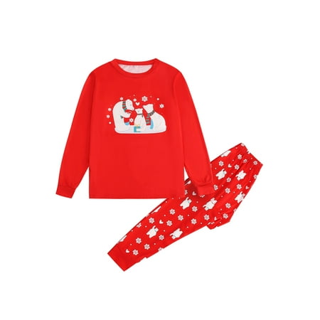 

Gureui Family Matching Christmas Pajamas Set Casual Cartoon Bear Snowflake Print Long-Sleeved Round Neck Tops + Elastic Waist Trousers for Holiday Parties Wear