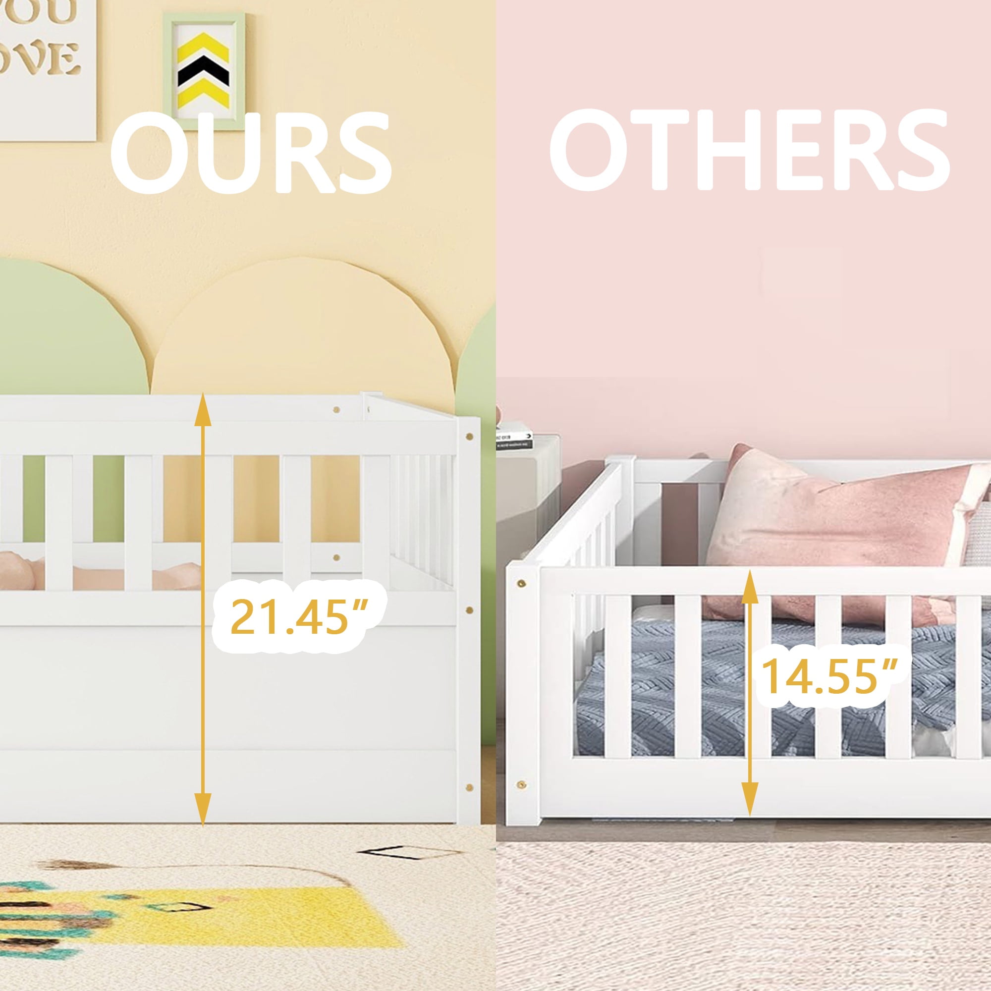 Bellemave Twin Size Floor Bed with Door and High Fence Guardrails Floor Bed without Bed Slats Wooden Floor Bed Montessori Bed Frame (Twin, White, Without Slats)