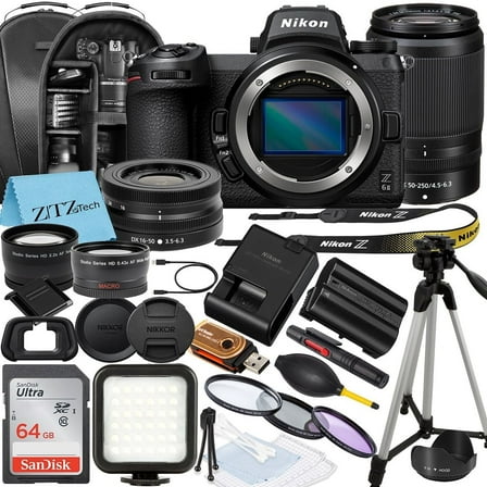 Nikon Z6 II Mirrorless Camera with NIKKOR 16-50mm   DX 50-250mm Zoom Lens, SanDisk 64GB Memory Card, Backpack, Flash, Tripod and ZeeTech Accessory Bundle