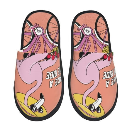 Balery Flamingo Riding a Bicycle Slient Indoor Furry Fleece Comfort House Shoes Soft Non-Slip Home Shoes Cotton slippers House Slippers-- Large