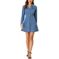 thumbnail image 2 of Vestido de mezclilla para mujer, con botones, cuello tipo polo, escote en V, manga larga, corte A, vestido de algodón de mezclilla, tamaño S, azul claro, 2 of 7