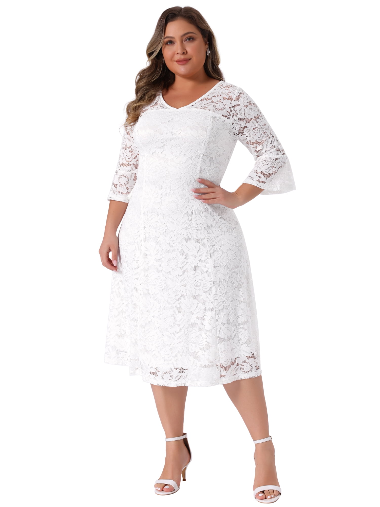 DARING DIVA Women's Plus Size Lace V-Neck 3/4 Sleeve Midi Evening Dress 1X White