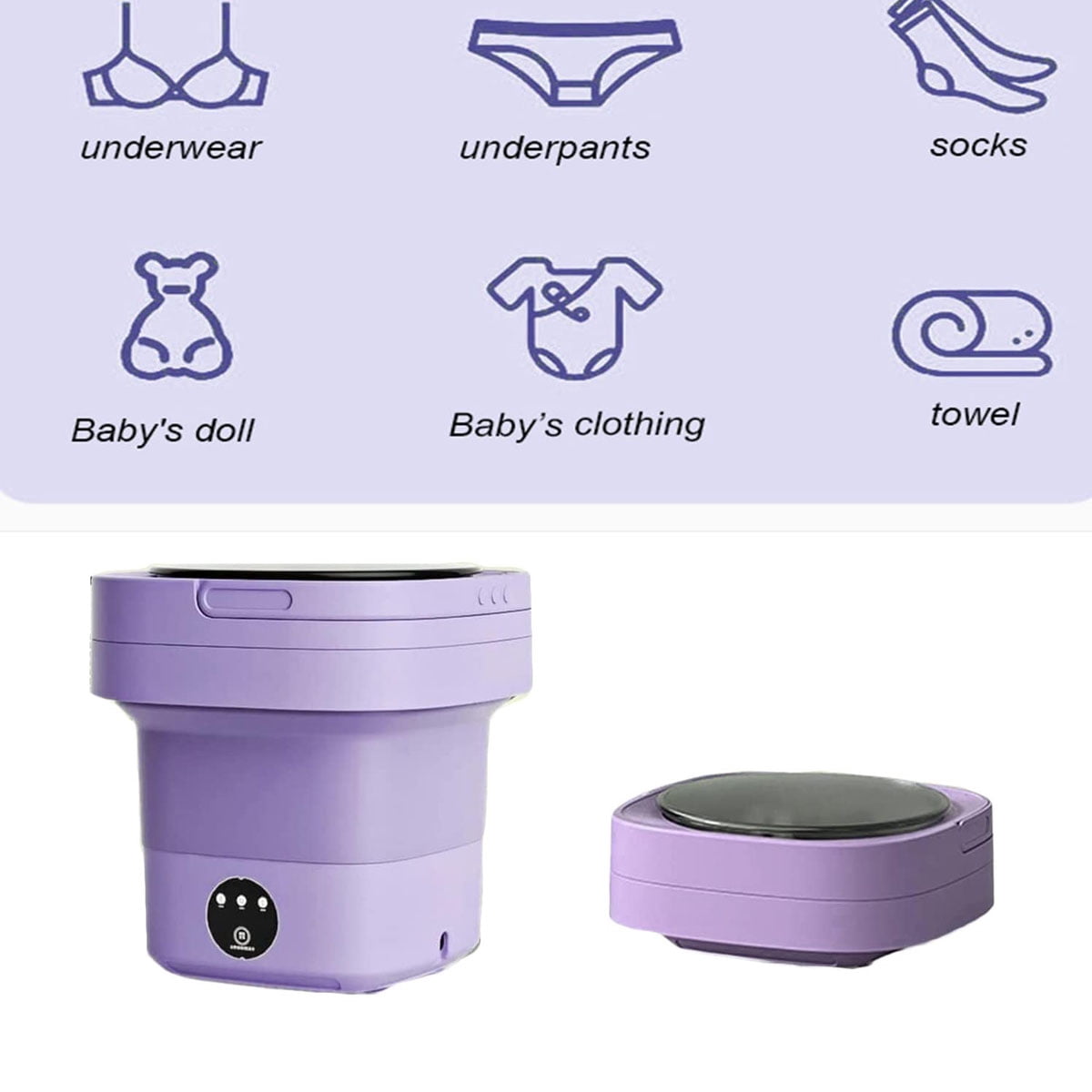 Portable Washing Machine, Foldable Mini Washer with Drain Basket, 3 Modes Deep Cleaning - 6.5L High Capacity for Lingerie, Personal, Baby, Delicates Cleaning(Purple)