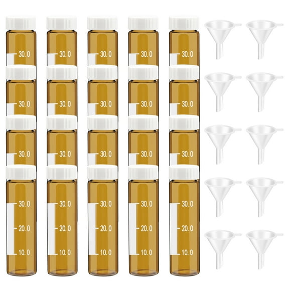 Empty Perfume Tester Bottles 40ml Glass Vials with White Caps, Funnels, Writing Patch, Graduation, Brown 20Pack