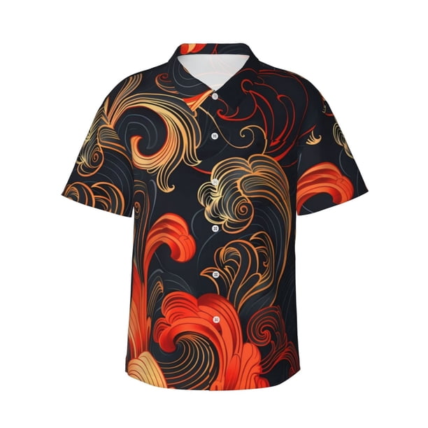 Balery Fiery Floral Pattern Camisas hawaianas de manga corta para hombre, camisas playeras de corte holgado, camisas de vacaciones con botones,Medium