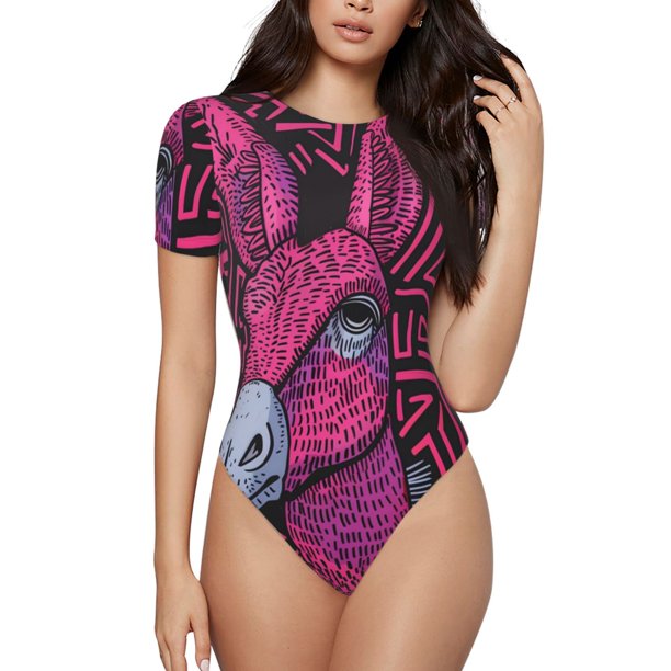 Balery ink Donkey Pop Art Body de cuello redondo de manga corta para mujer Tops de manga corta Tops básicos-Medium