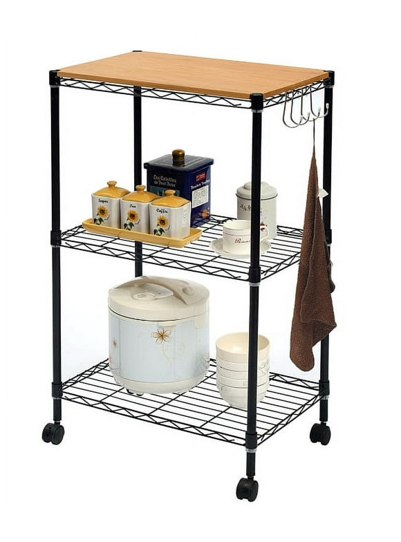 Home Basics 3 Tier MDF Top Kitchen Trolley with Hooks