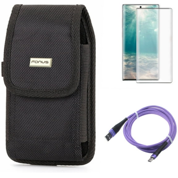 Screen Protector & Case Belt Clip & 10ft USB Cable for Samsung Galaxy Note 20 (6.7") - Combo with Tempered Glass (Fingerprint Unlock) & Swivel Holster & Purple Type-C