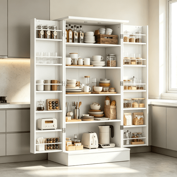 Kitchen Pantry Cabinet, White Buffet Cupboards Sideboard Freestanding Kitchen Pantry Storage Cabinet with Adjustable Shelves and Doors