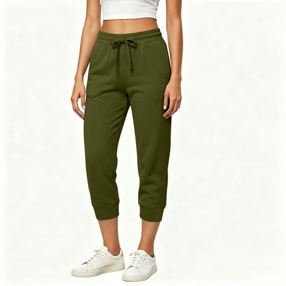 ZHYou No Boundarie Womens Fleece Capris High Waist Drawstring Elastic Cuffed Leg Cropped Jogger Pants with Pockets,Army Green,Size L