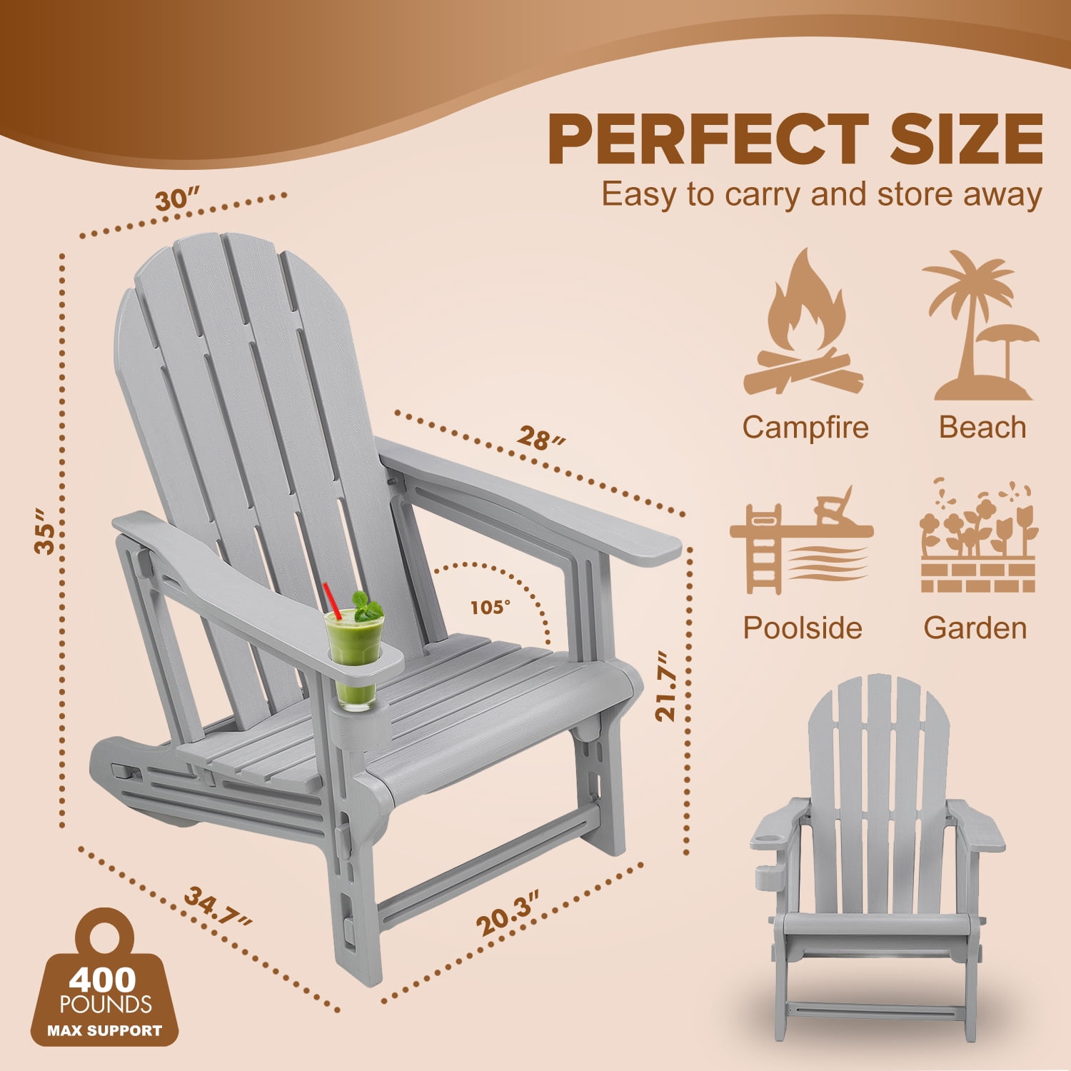 HDPE Adirondack Chair, Weather-Resistant Outdoor Seating, No Tools Needed 5-Min Assembly, for Patio, Fire Pit & Lawn – Grey