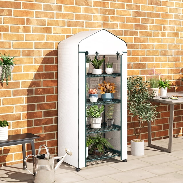 Serre Portable à 4 Niveaux, Mini Serre Intérieure et Extérieure avec Porte Zippée Enroulable et Roues, Couverture de Protection pour Plantes Transparente de 65 Pouces de Hauteur, Assemblage Facile