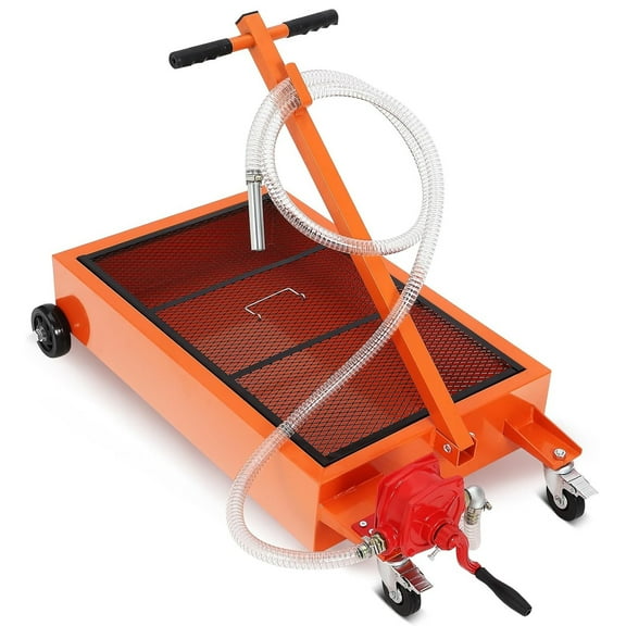 Pinypikaka 15/20 Gallon Manual Oil Drain Pan, Low Profile Oil Drain Pan with Hand Pump, Oil Change Pan with 8ft Hose & Folding Handle, Rolling Oil Drain Cart for Car, SUV, Trucks Oil Draining