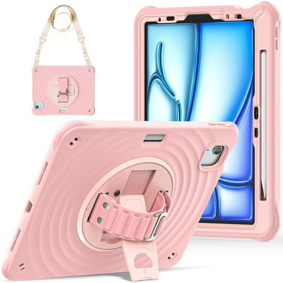 Allytechgroup Case for iPad Air 11 Inch M4 2026/M3 2025/M2 2024, Heavy Duty Protective Case with Pencil Holder Kickstand Hand Strap Shoulder Strap Non-Slip Cover for Women Men, Pink