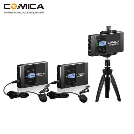 CoMica CVM-WS60 COMBO 1-Trigger-2 Flexible Mini Wireless Microphone System (Two Transmitters One Receiver) for Smartphones and Cameras, UHF 12 Channels 60m Max. Working Distance Integrated Phone (Best 2 Channel Integrated Amplifier)