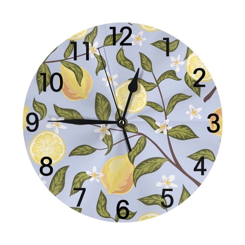 Zhmjortal Lemon Pattern Wall Clock Silent Non-Ticking Kitchen Desk Decor Clock Battery Operated Quartz Analog Round Clocks 10 in for Bedroom Bathroom Living Room