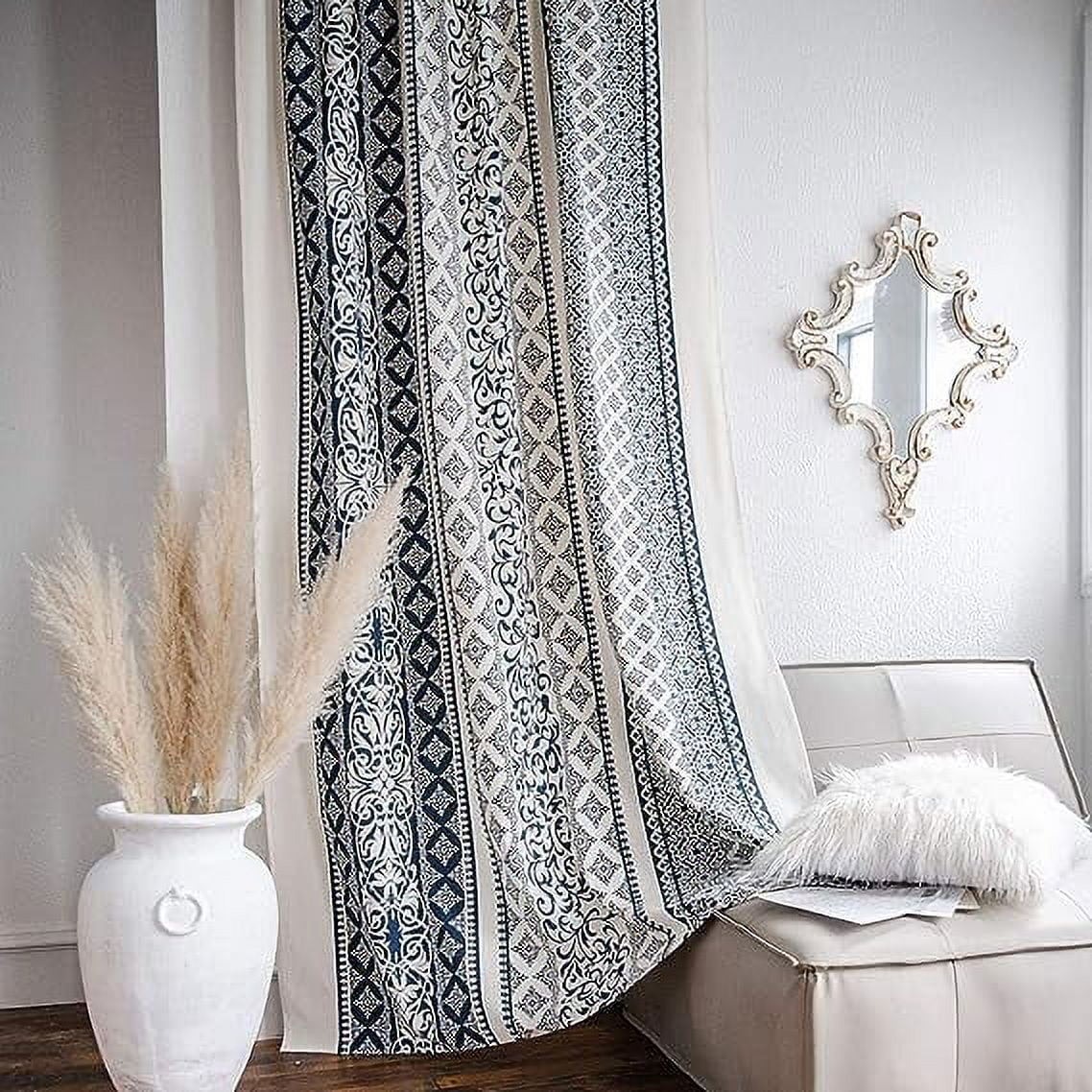 XmhyTop Farmhouse Cotton Linen Window Curtain Panel with Tassels Geometric Print Country Style Room Darkening Curtain Panel for Bedroom Living Room, 1 Piece (59"x102",Blue)
