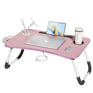 Foldable Lapdesk for Bed, Bed Tray Table with 4 USB Ports, Cup Holder and Draw, Bed Foldable Desk for Working Reading Writing, Eating for Bed Sofa Couch Floor, with Mini Lamp & Fan