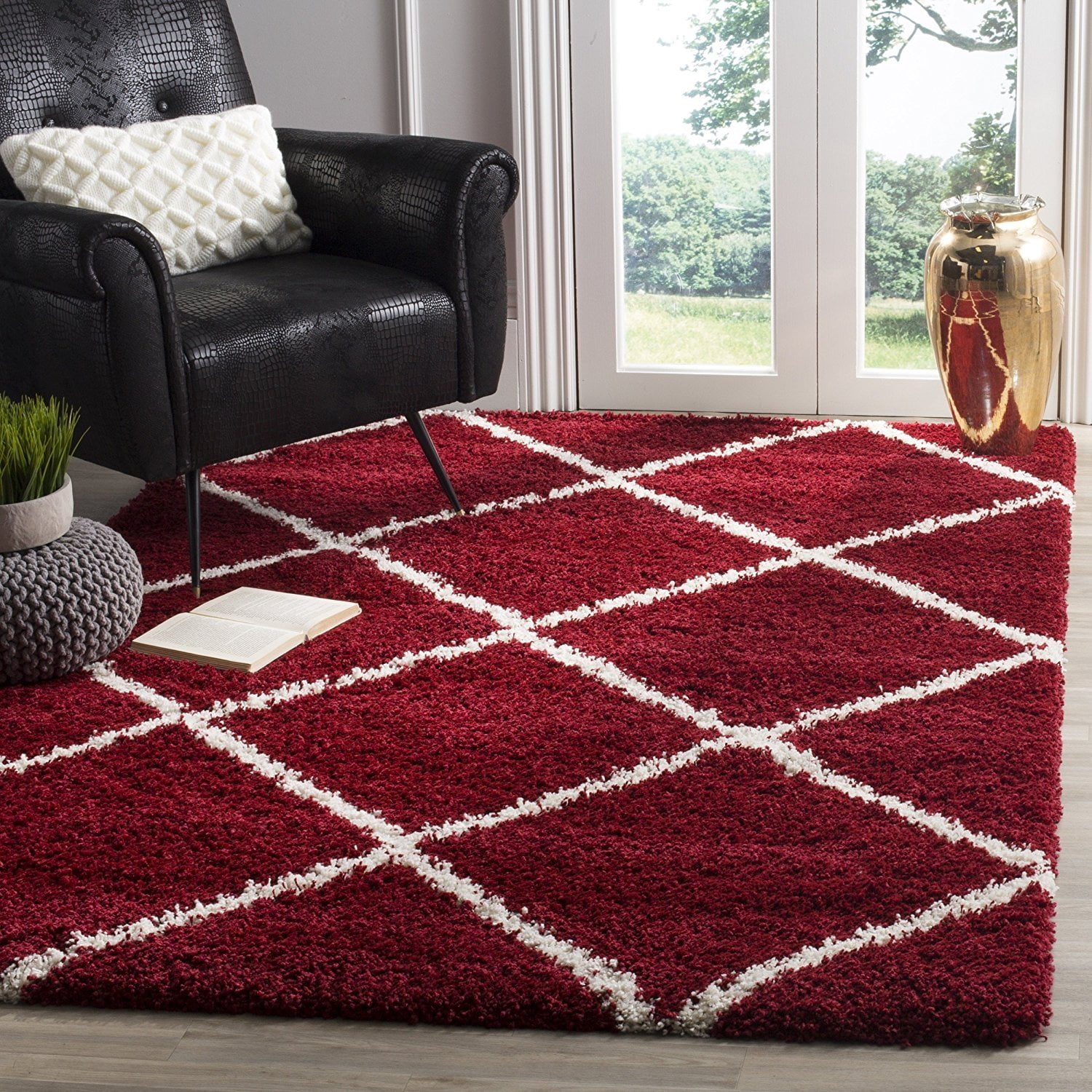 Safavieh Hudson Shag Collection SGH281R Red and Ivory Moroccan Diamond