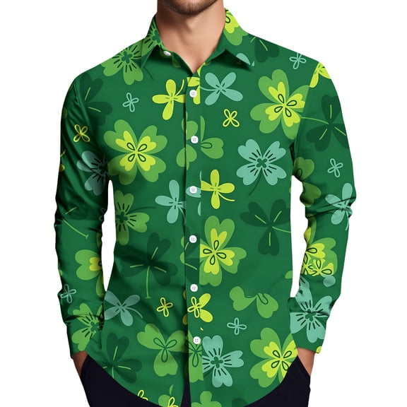 LTTVQM Mens St Patrick's Day Shirts Shamrock Print Button Down Happy Casual Tee Lightweight Blouses Turquoise XL