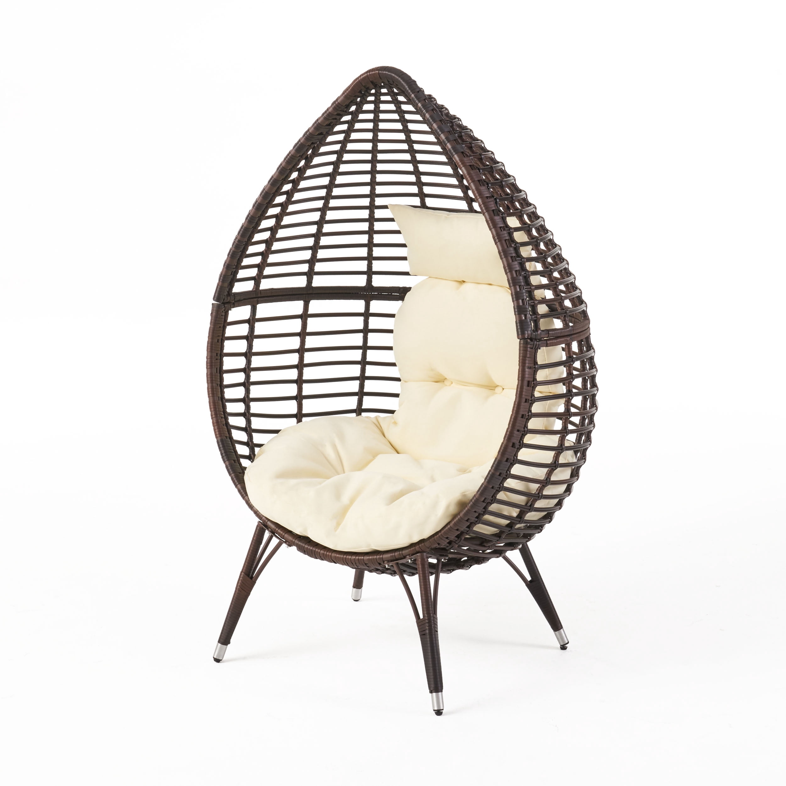 Outdoor Woven Teardrop Shape Leisure Chair, Unique Design Single Seat for Patio Garden, Multi Brown and Beige