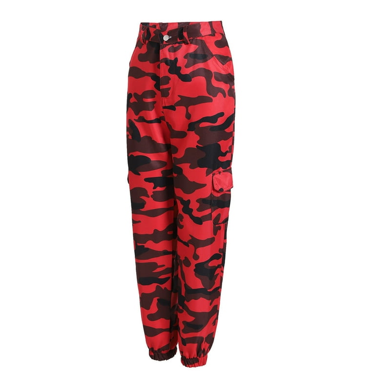 YYDGH Women s High Waisted Straight Leg Cargo Jeans Camo Print Jogger Denim Pants with Pockets Wine Red Wine Red Walmart