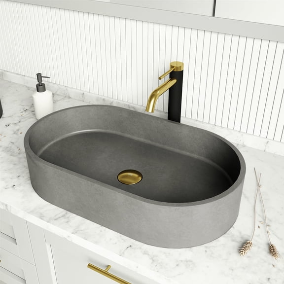 VIGO Concreto Stone 24 in. Concrete Oval Vessel Bathroom Sink in Gray with Lexington Faucet and Pop-Up Drain in Matte Gold