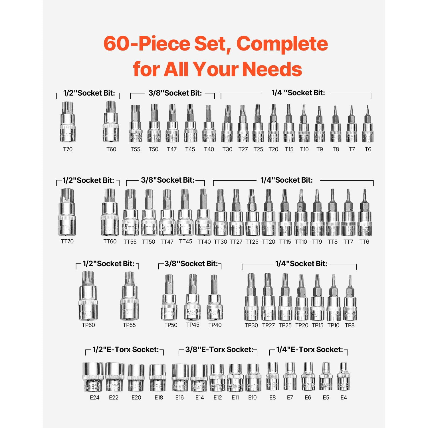 60-Piece Torx Bit Socket Set with E-Torx, Torx, Tamper-Proof Torx, Torx Plus, S2 Alloy Steel, CRV Chrome-Plated, Durable PE Case