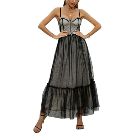

LSFYSZD Women s Sling Dress Suspender Bustier Patchwork Lines Dots High Waist Ruffle Trim Mesh Hem Prom Formal Evening Dress