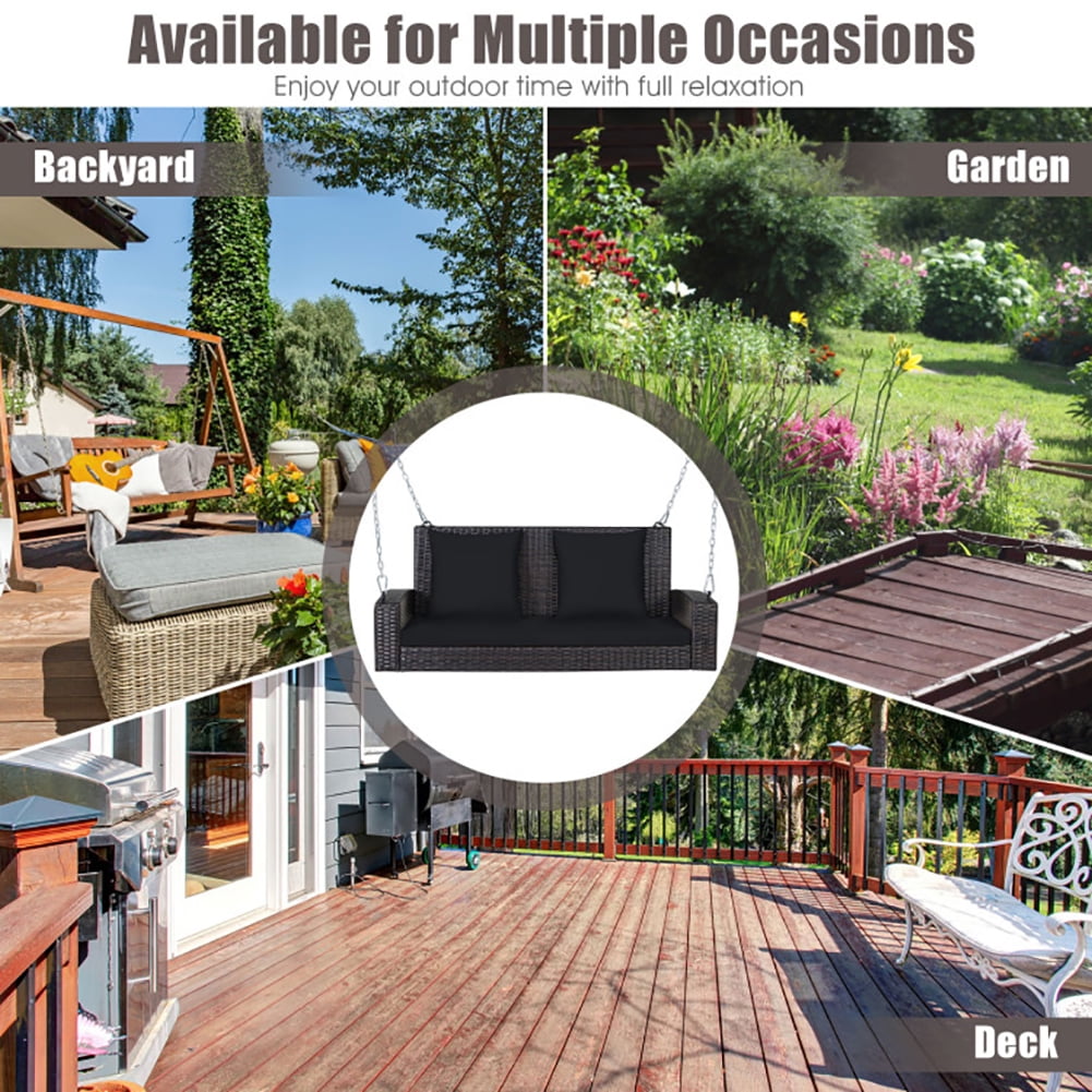 Aimee Lii 2-Person Patio Rattan Porch Swing with Cushions, Outdoor Patio Furniture, Black