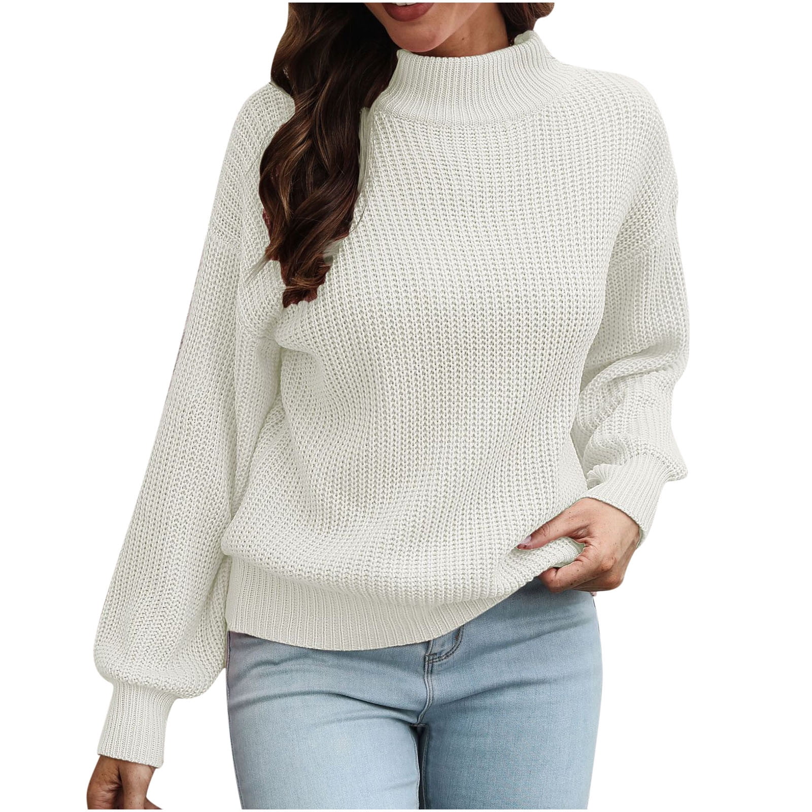 Womens Trendy High Neck Sweaters Knitted Solid Vintage Outerwear Sleeve Waffle Sweaters Baggy Sweater Long
