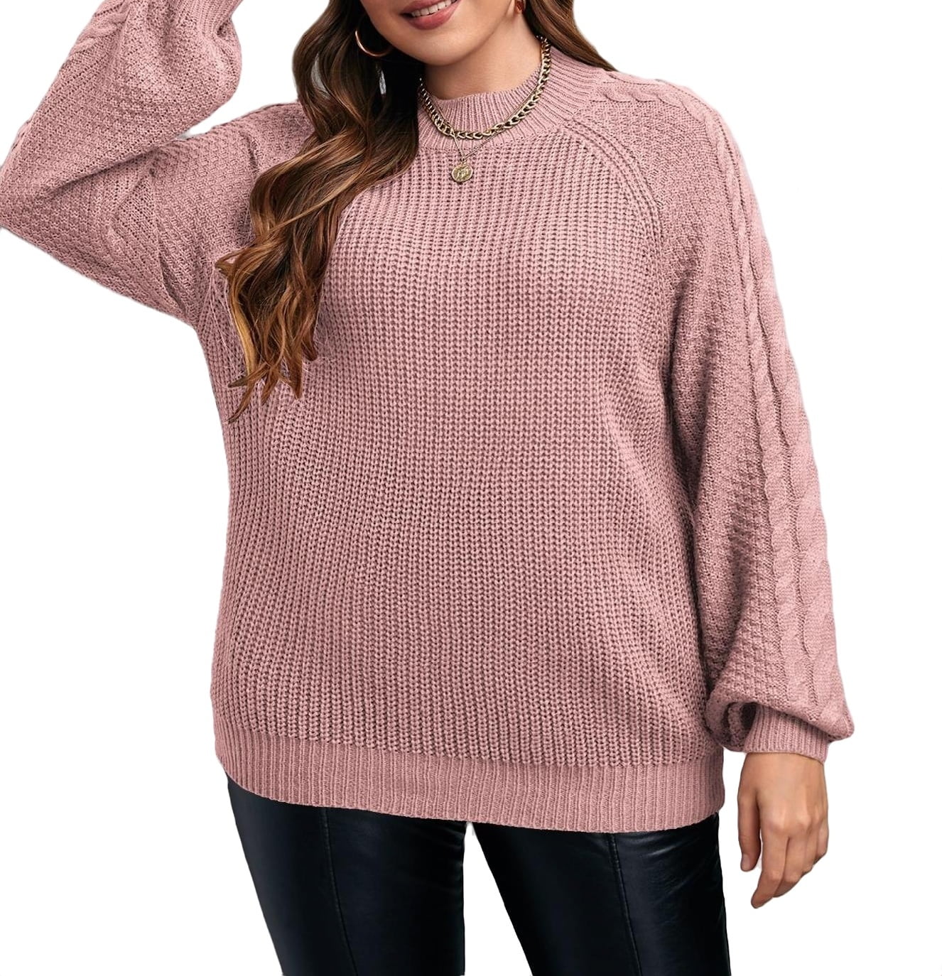 Casual Plain Round Neck Pullovers Long Sleeve Dusty Pink Plus Size ...