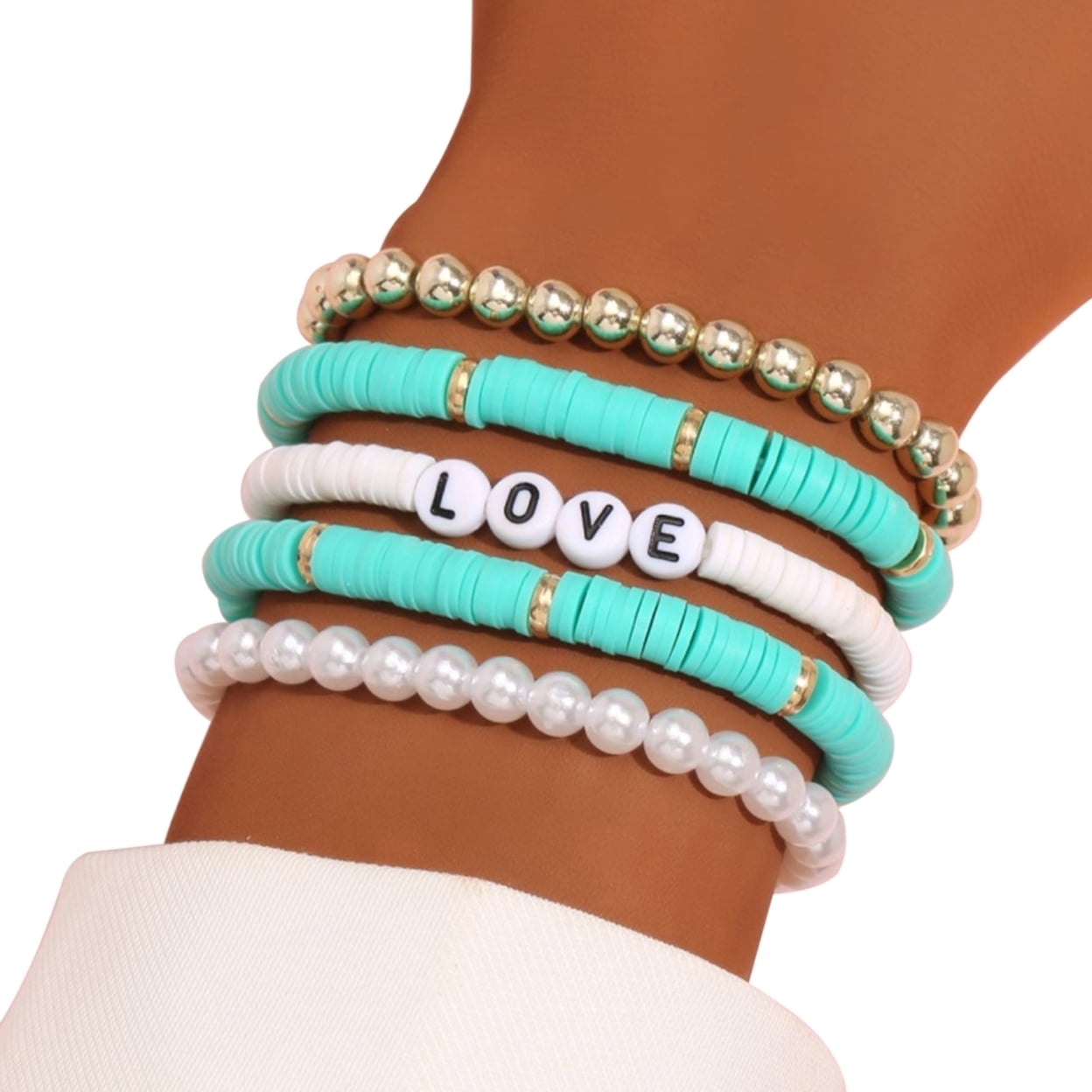 Bohemian Multilayer Polymer Clay Bracelets Set for Women Flower Beads Happy  Letter Bracelet Beach Party Jewelry Set Accessories