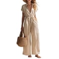 thumbnail image 3 of IUYRTFE Women V Neck Short Sleeve Wide Leg Jumpsuit with Drawstring Waist and Pockets for Vacation Beach Summer, 3 of 6