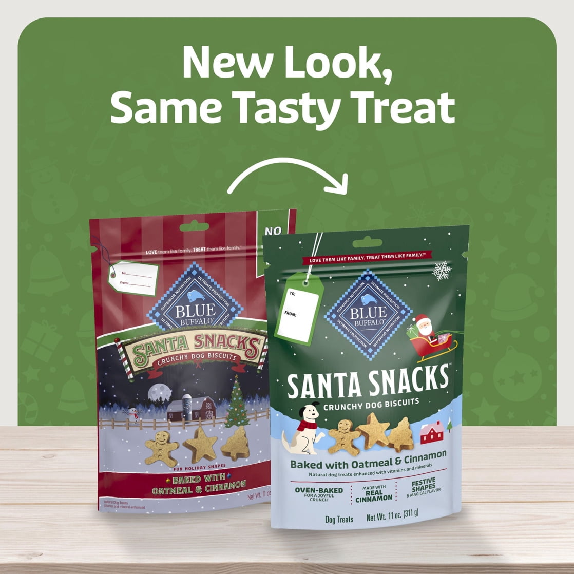 (2 pack) Blue Buffalo Santa Snacks Crunchy Dog Biscuits, Oven-Baked, Oatmeal & Cinnamon, 11-oz. Bag