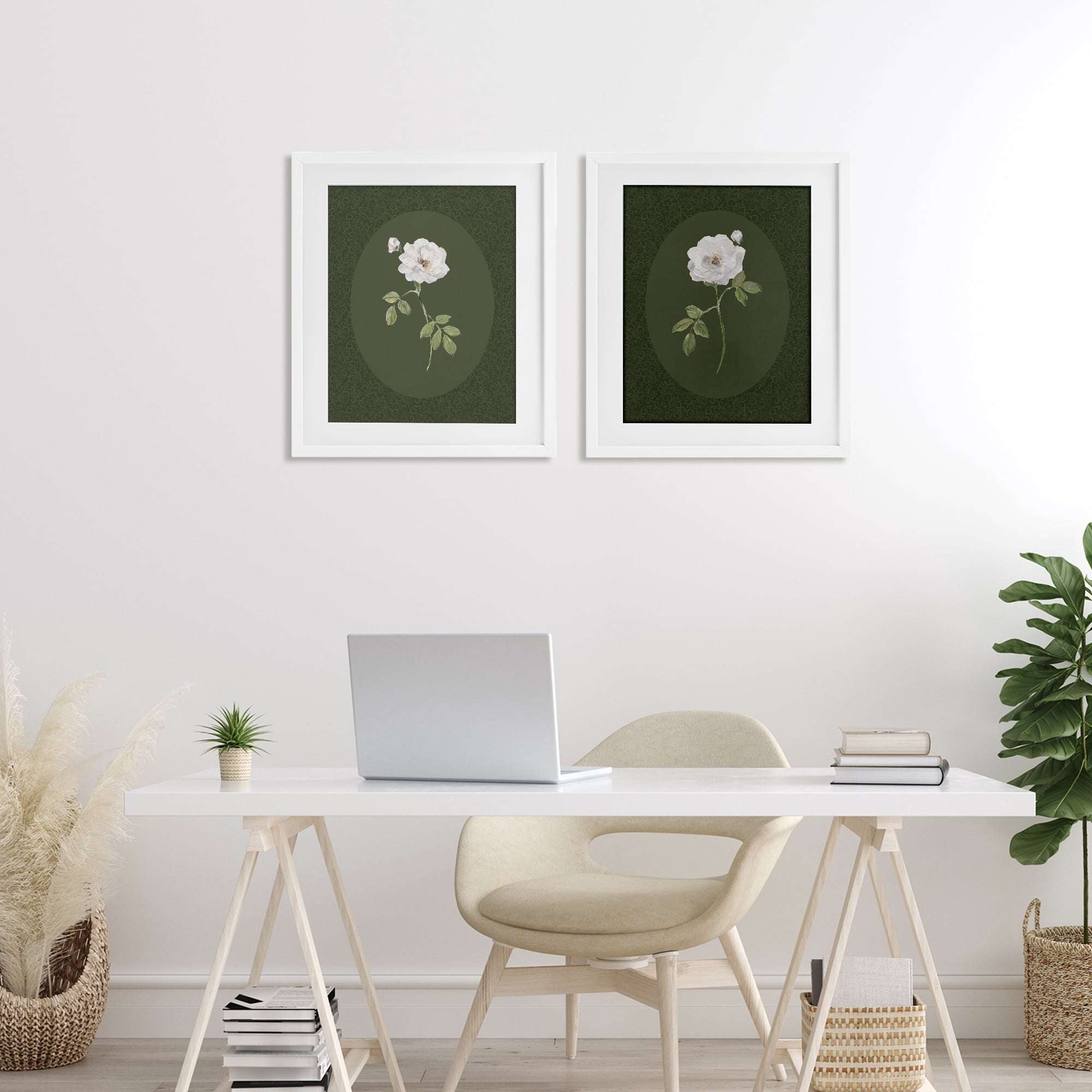 Stupell Industries Ornate Rose Studies over Emerald 2 Piece White Framed Print Under Glass Set, design by Sally Swatland