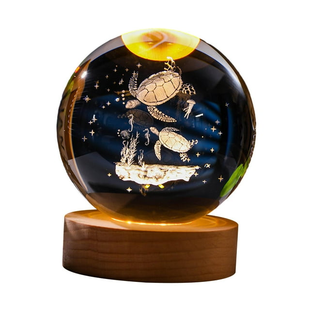 Lámpara de proyección de luz nocturna con bola transparente de 6cm, Base de madera, decoración de escritorio para inauguración de la casa, regalo de Tortuga