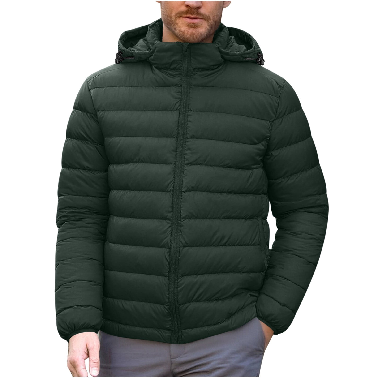 BiZtdJrK Quilted Puffer Jackets Men Zip Up Long Sleeve Casual Hoodie Jacket Warm Winter Coats with Pockets Army Green XXL