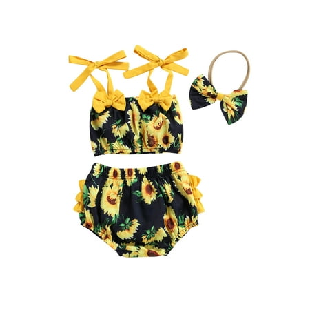 

jaweiw 3Pcs Sweet Style Baby Girls Outfit Set Summer Sunflower Printing Sleeveless Suspender Short Tops + Shorts + Bow Headwear Set